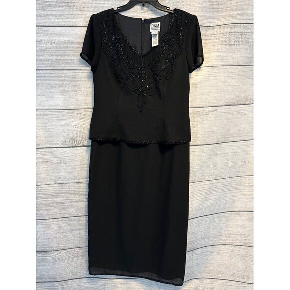 R&M Richards Beaded Black Dress With Sheer Sleeves Size 10 - Picture 1 of 4